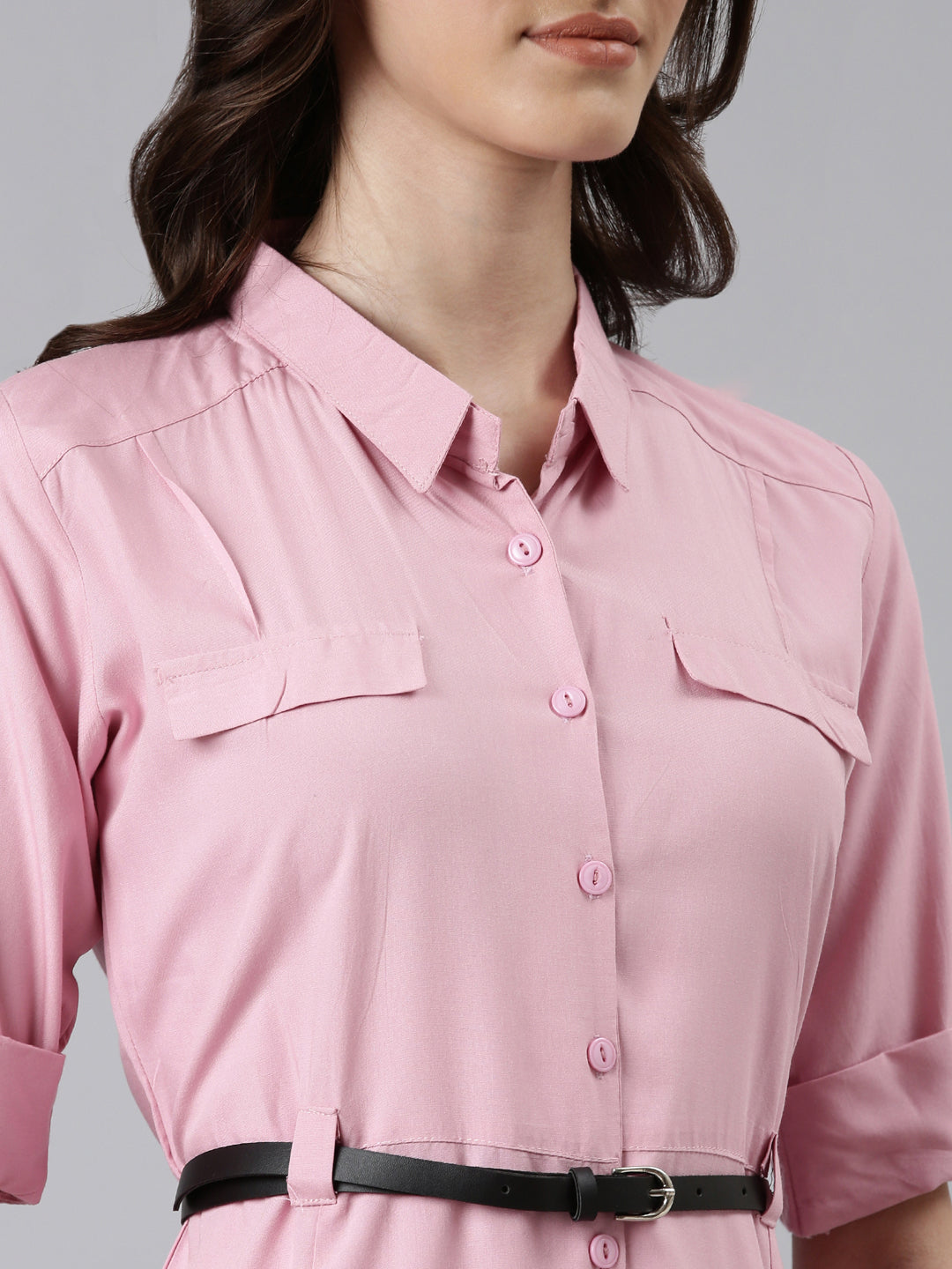 Women's Pink Shirt Collar A-Line Dress With Belt