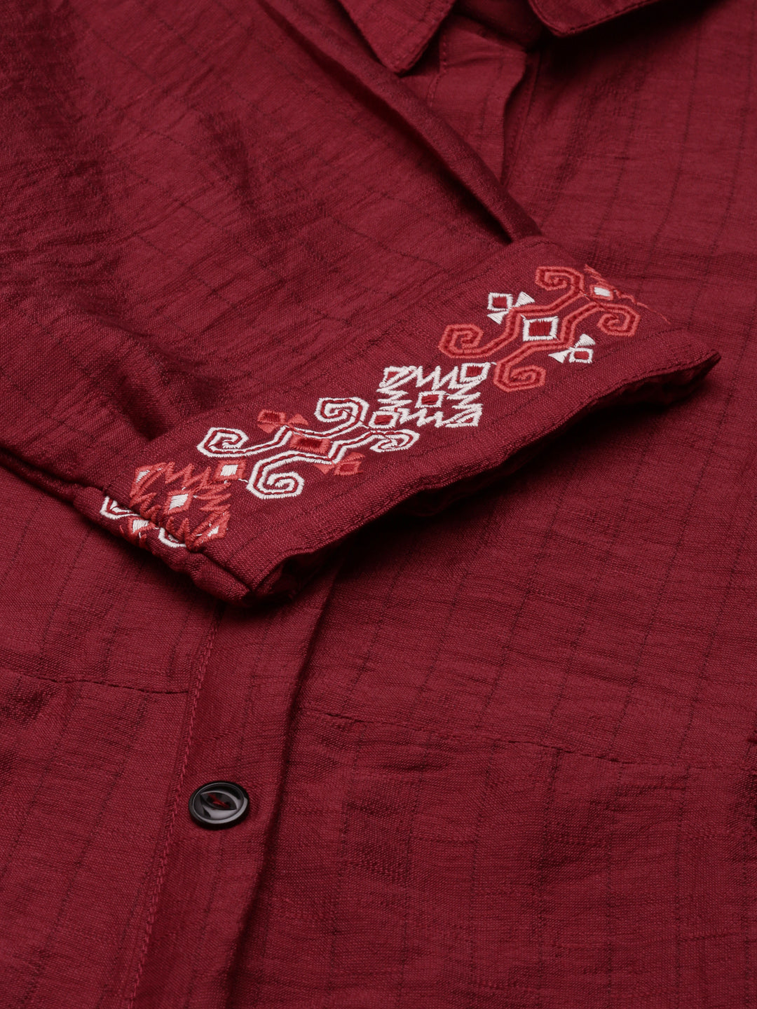 Women's Magenta Striped Shirt Collar Embroidered A-Line Dress