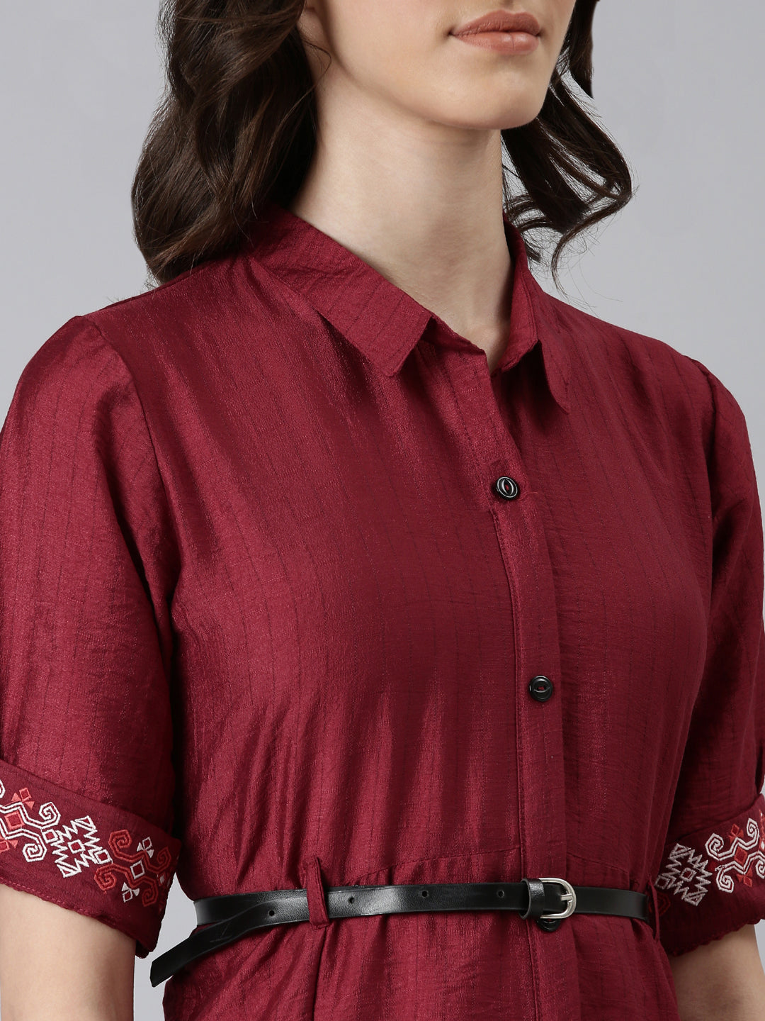 Women's Magenta Striped Shirt Collar Embroidered A-Line Dress