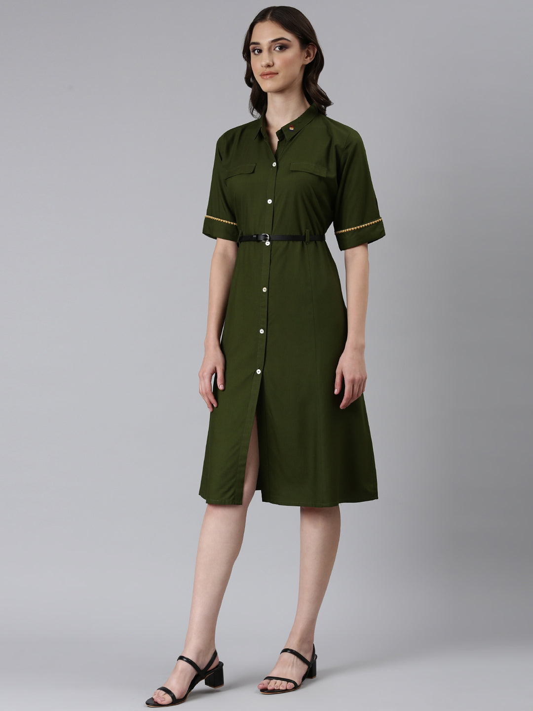 Women's Olive Shirt Collar Short Sleeves Belted Shirt Dress