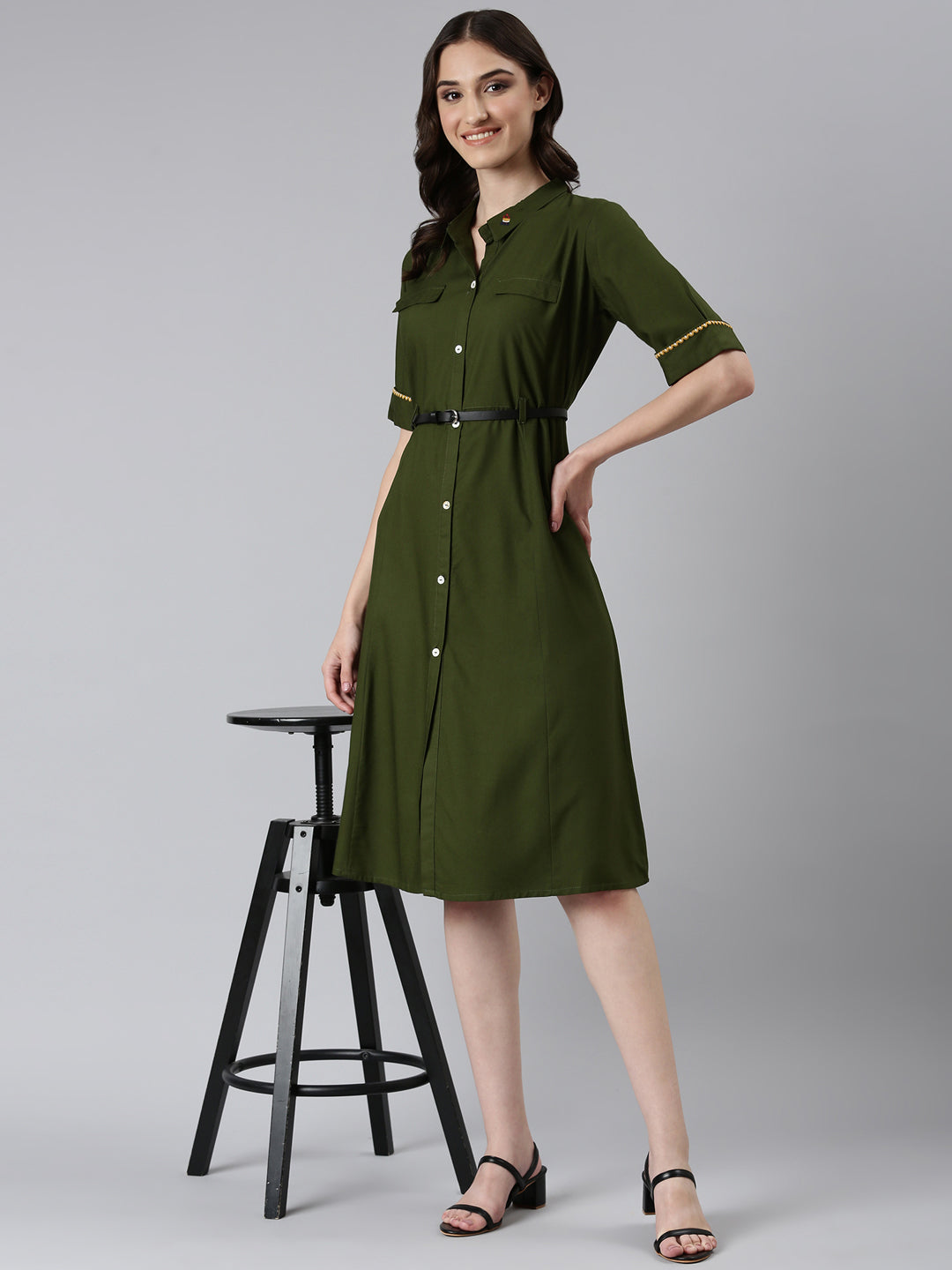 Women's Olive Shirt Collar Short Sleeves Belted Shirt Dress