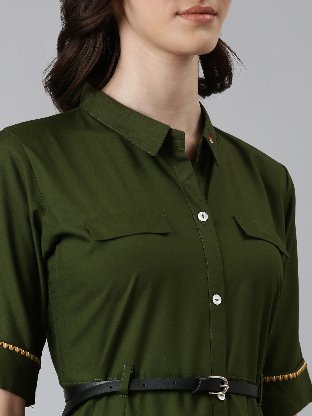 Women's Olive Shirt Collar Short Sleeves Belted Shirt Dress