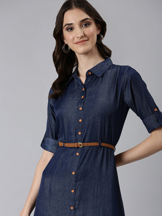 Women's Navy Blue Shirt Collar Roll-Up Sleeves Shirt Dress With Belt