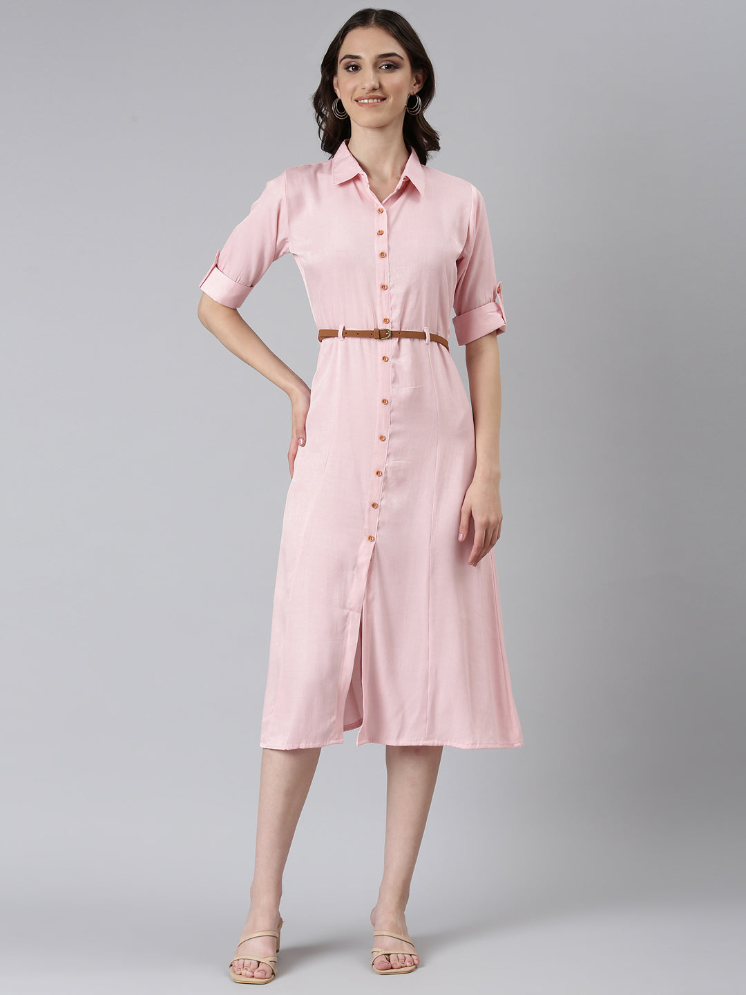 Women's Pink Shirt Collar Roll-Up Sleeves Belted Shirt Dress