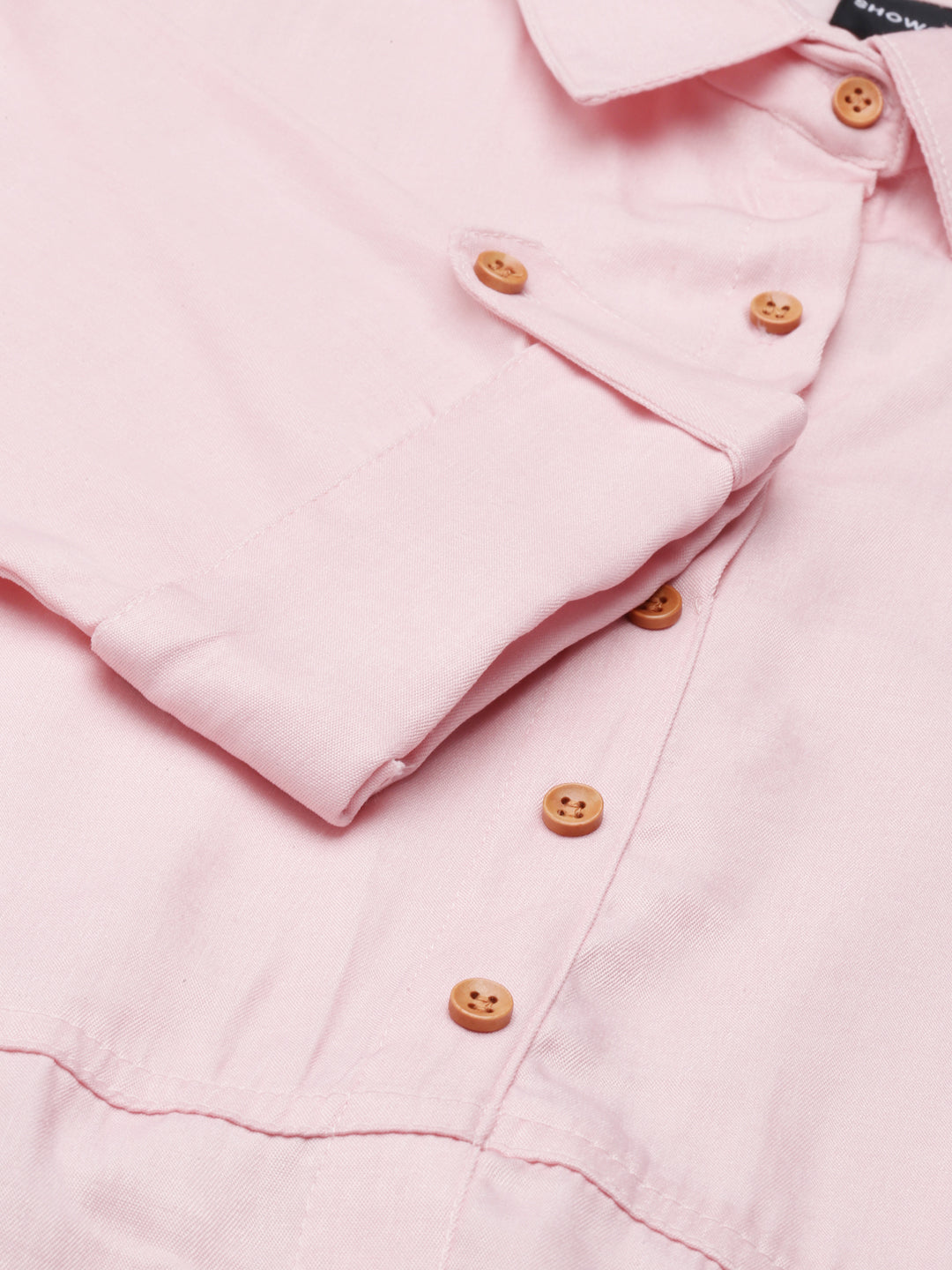 Women's Pink Shirt Collar Roll-Up Sleeves Belted Shirt Dress