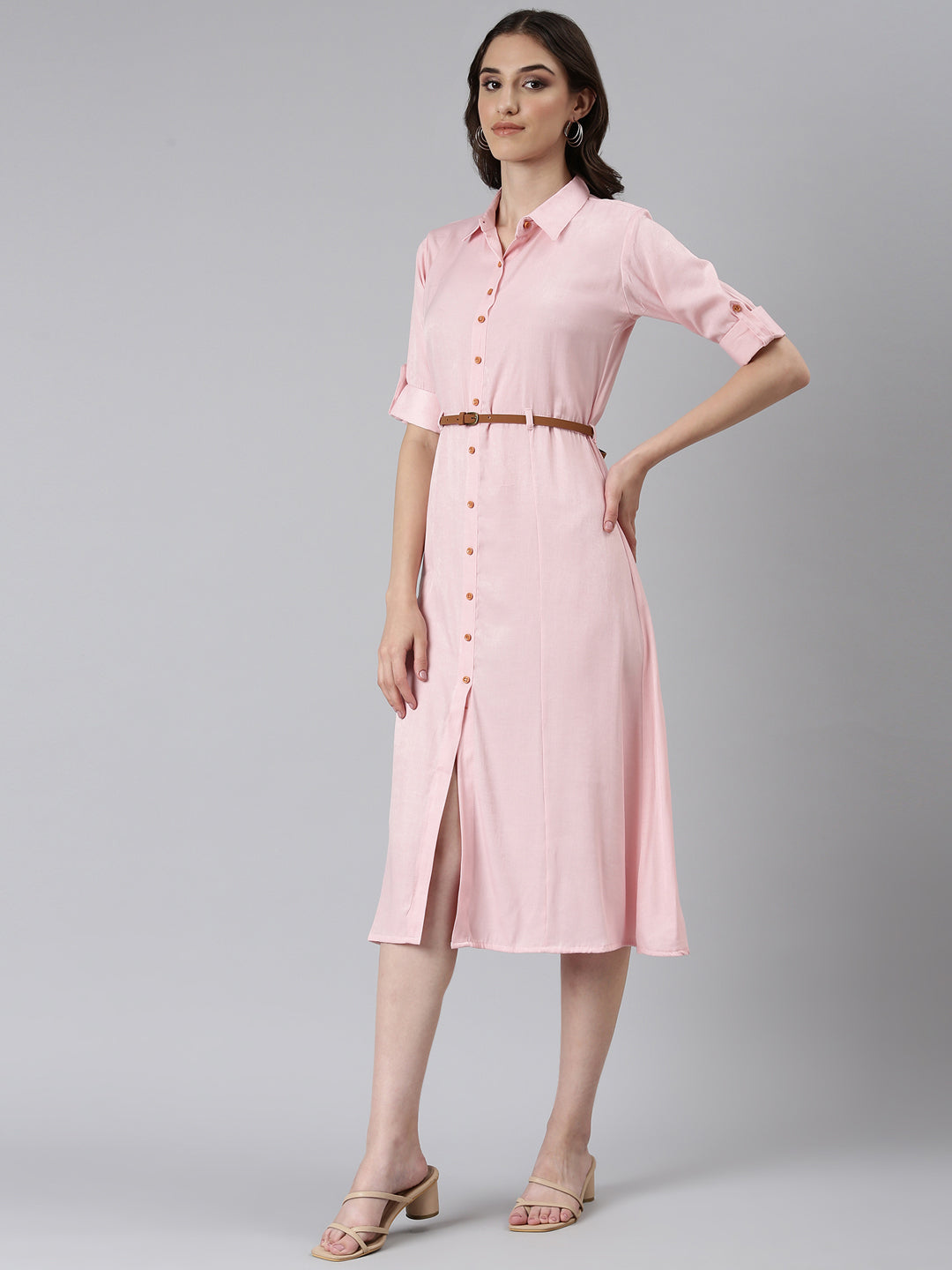 Women's Pink Shirt Collar Roll-Up Sleeves Belted Shirt Dress