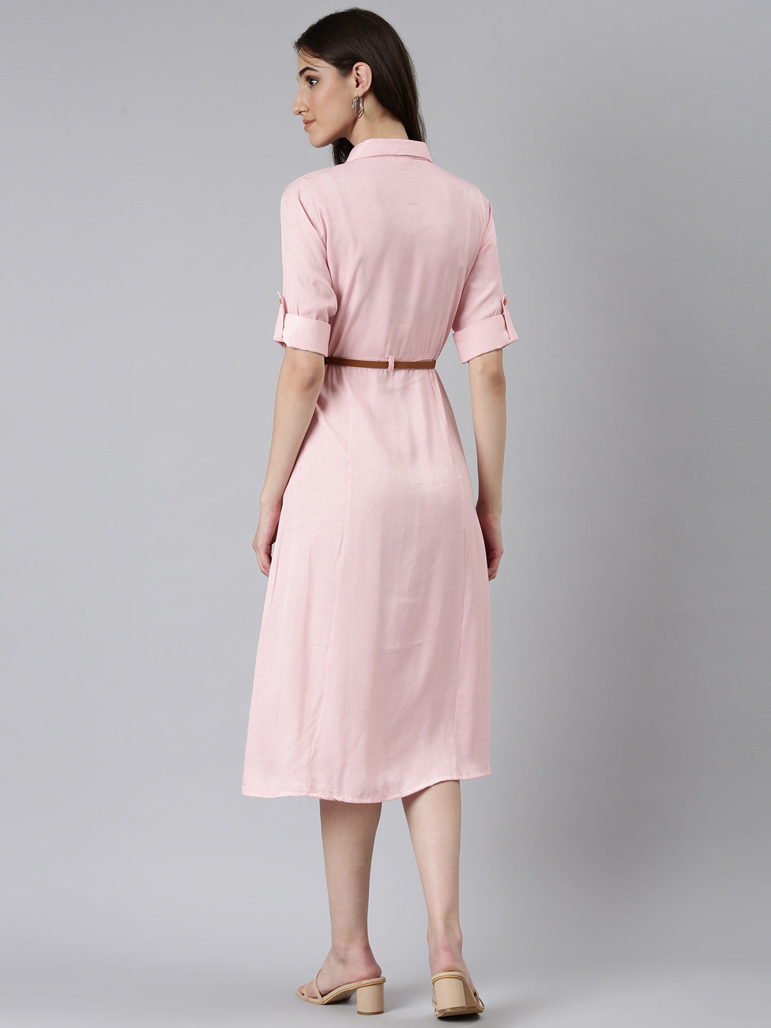 Women's Pink Shirt Collar Roll-Up Sleeves Belted Shirt Dress