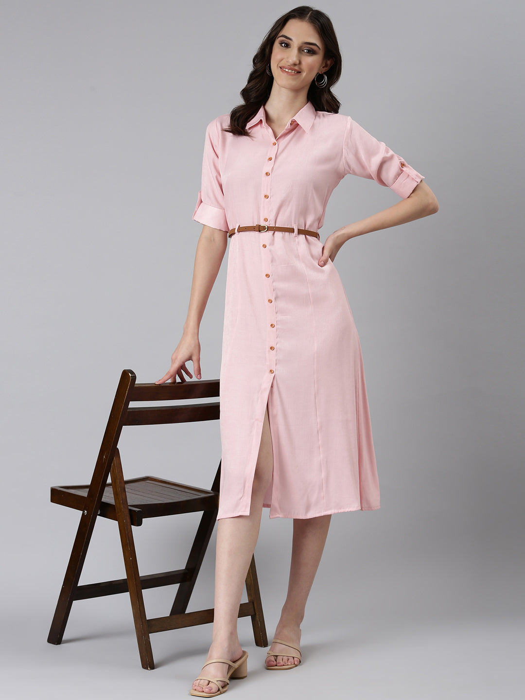 Women's Pink Shirt Collar Roll-Up Sleeves Belted Shirt Dress