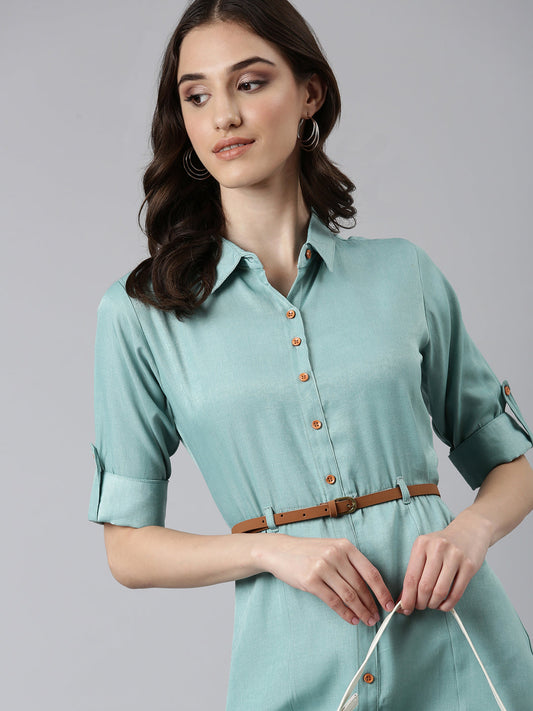 Women's Sea Green Shirt Collar Roll-Up Sleeves Belted Shirt Dress