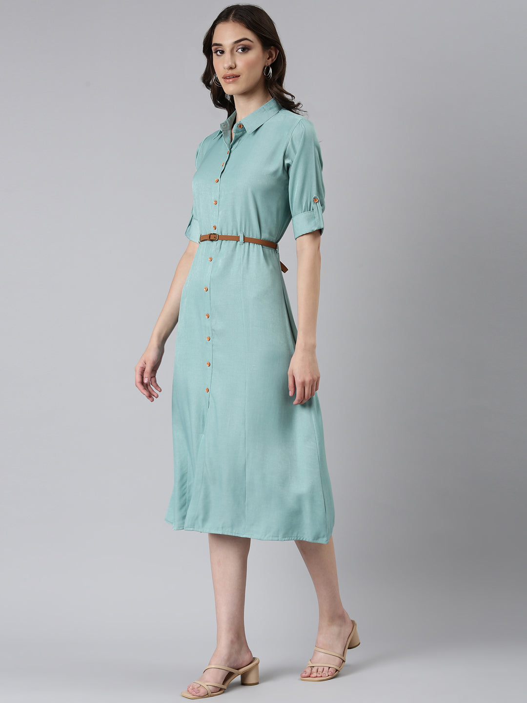 Women's Sea Green Shirt Collar Roll-Up Sleeves Belted Shirt Dress