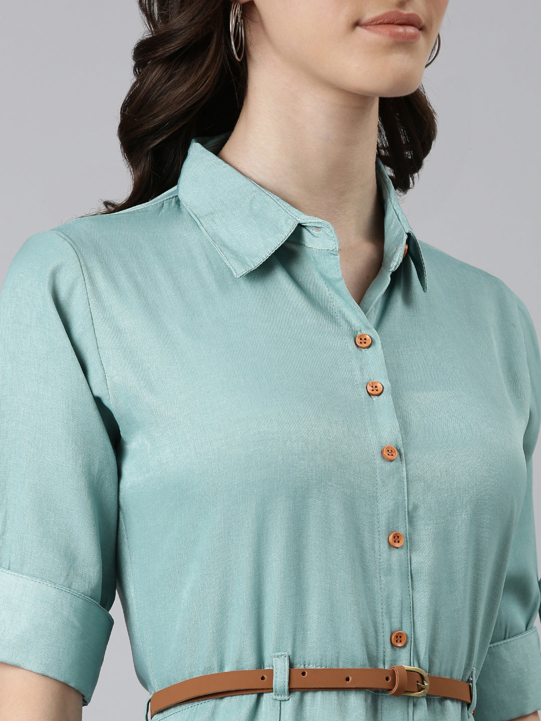 Women's Sea Green Shirt Collar Roll-Up Sleeves Belted Shirt Dress