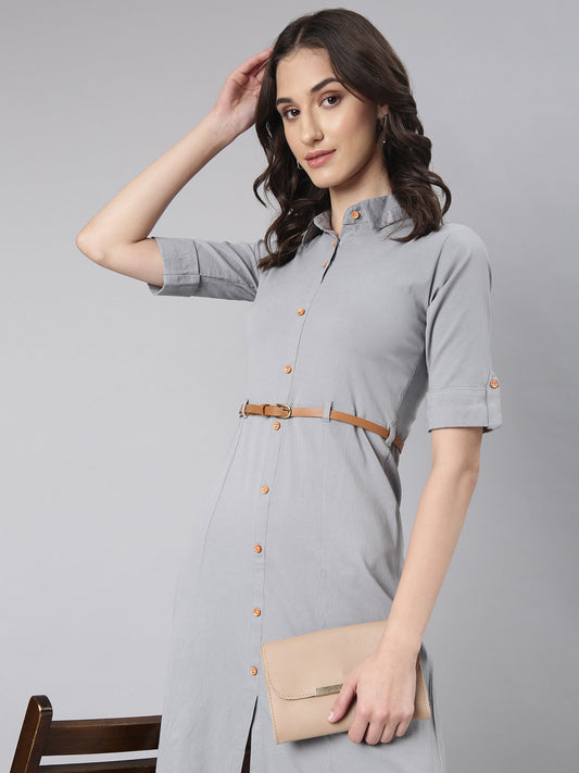 Women's Grey Cotton Roll-Up Sleeves Shirt Dress With Belt