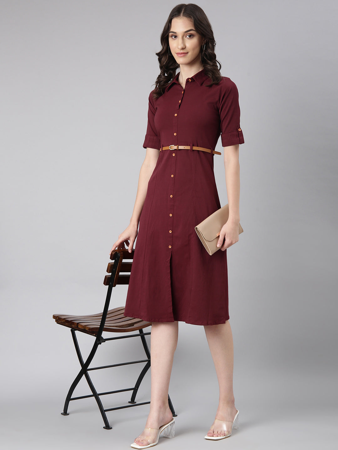 Women's Maroon Belted Shirt Style Dress