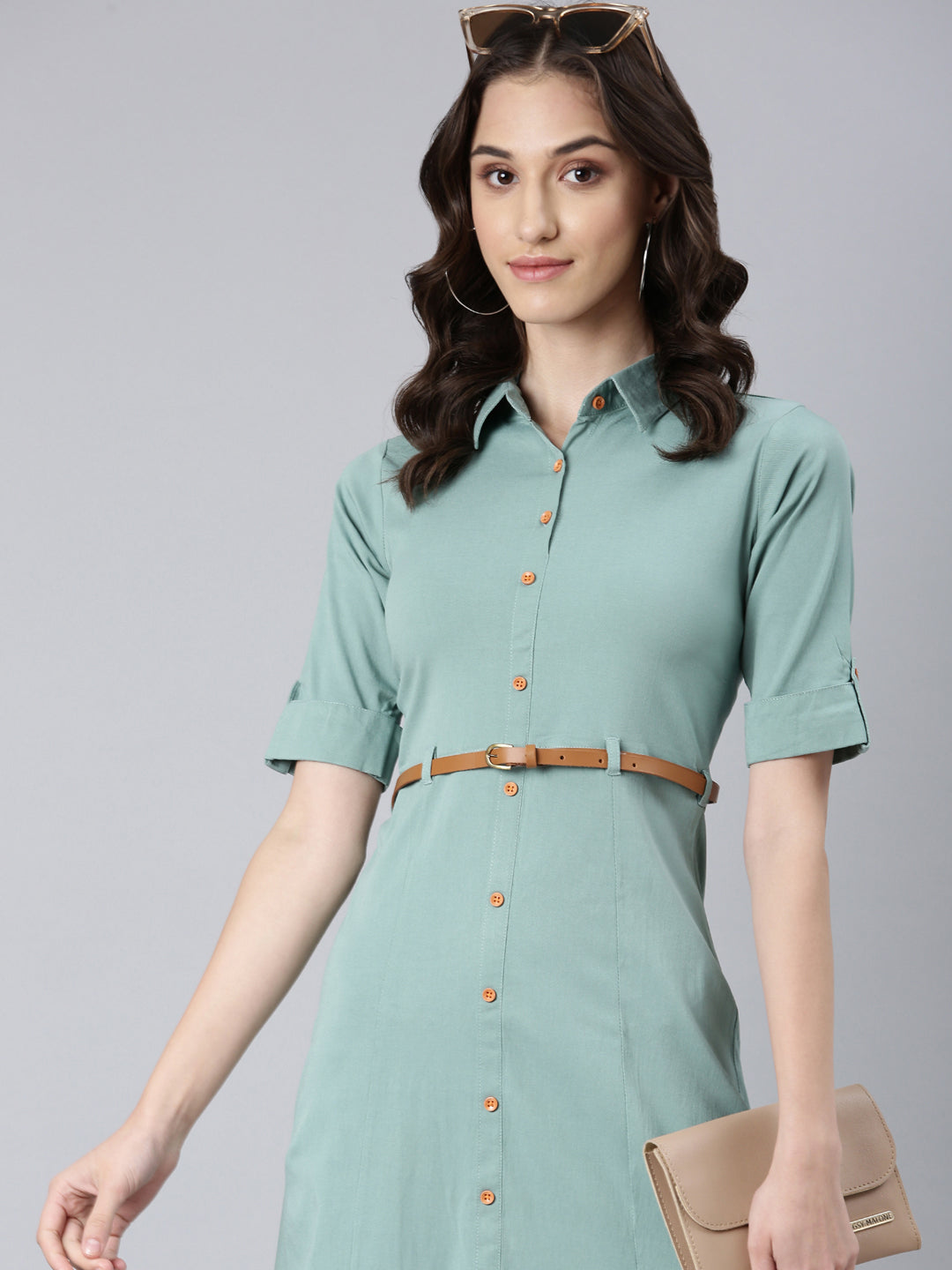 Women's Sea Green Shirt Collar Short Sleeves Cotton Shirt Dress