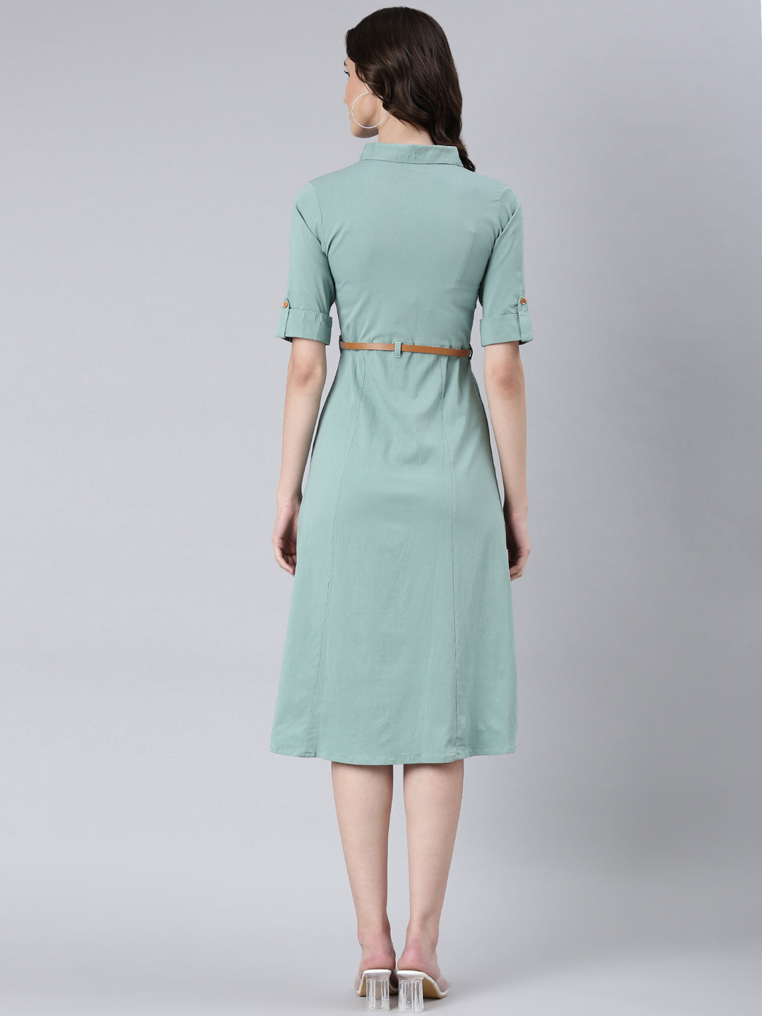 Women's Sea Green Shirt Collar Short Sleeves Cotton Shirt Dress