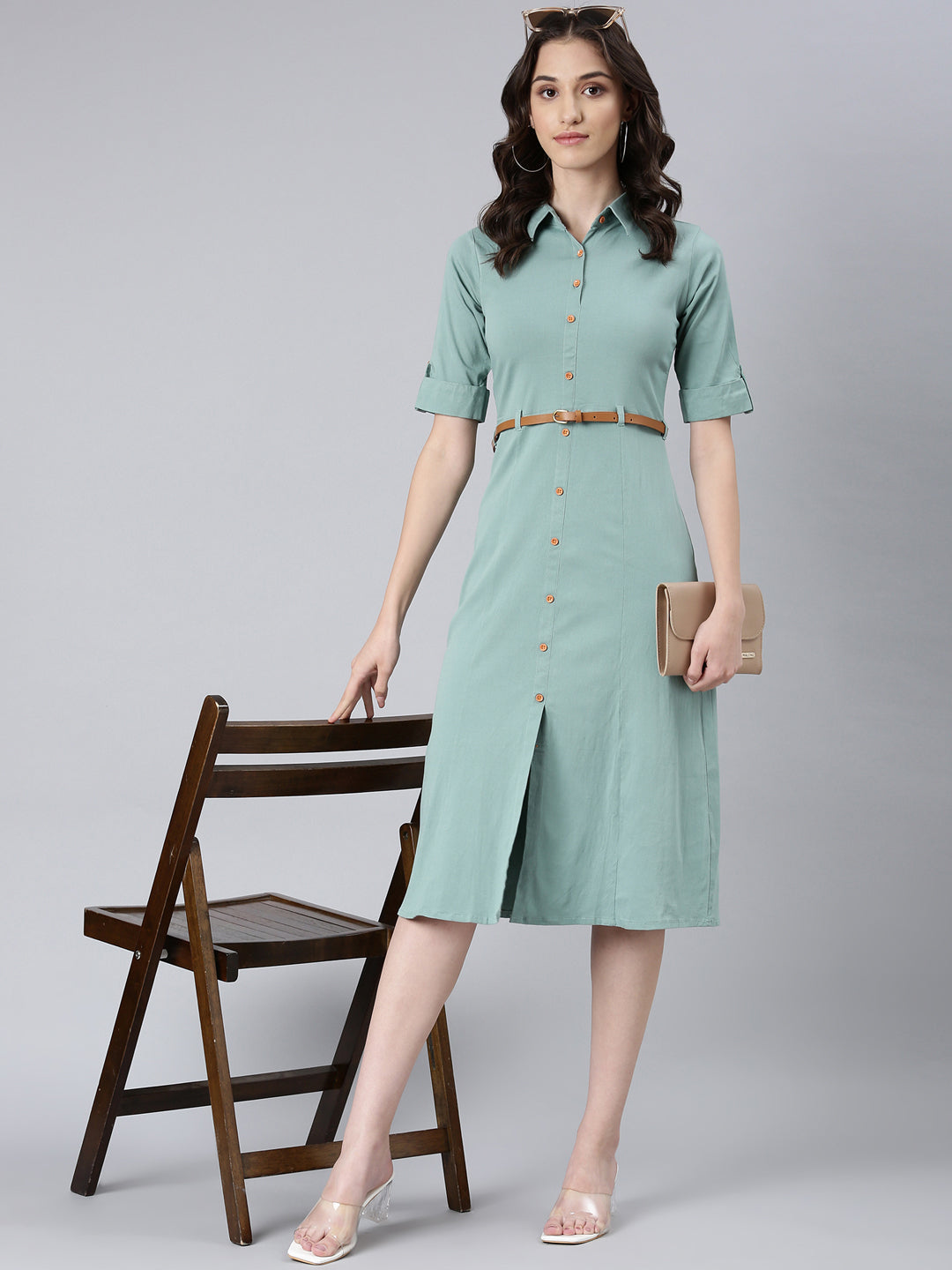 Women's Sea Green Shirt Collar Short Sleeves Cotton Shirt Dress