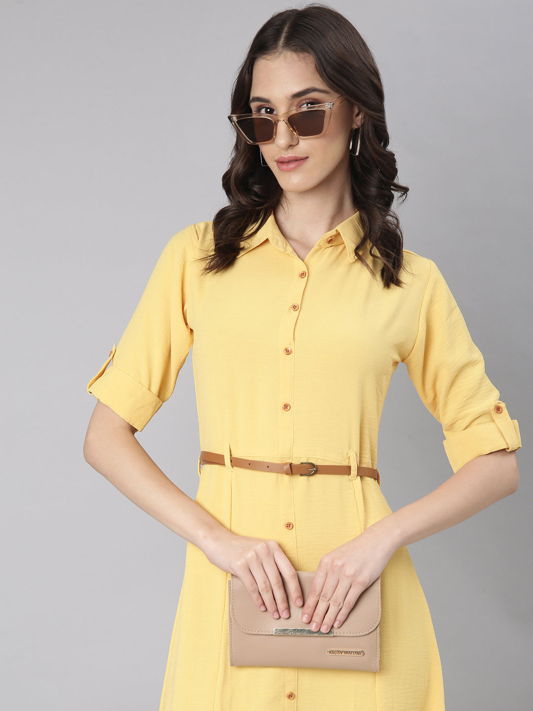 Women's Yellow Shirt Collar Roll-Up Sleeves Shirt Dress With Belted