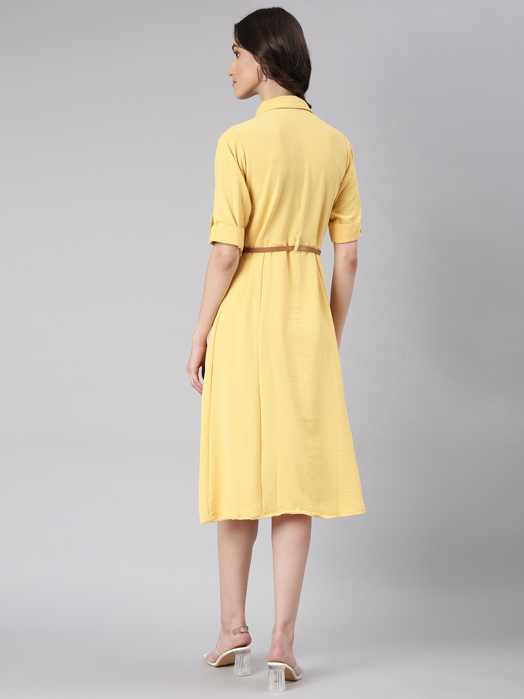 Women's Yellow Shirt Collar Roll-Up Sleeves Shirt Dress With Belted