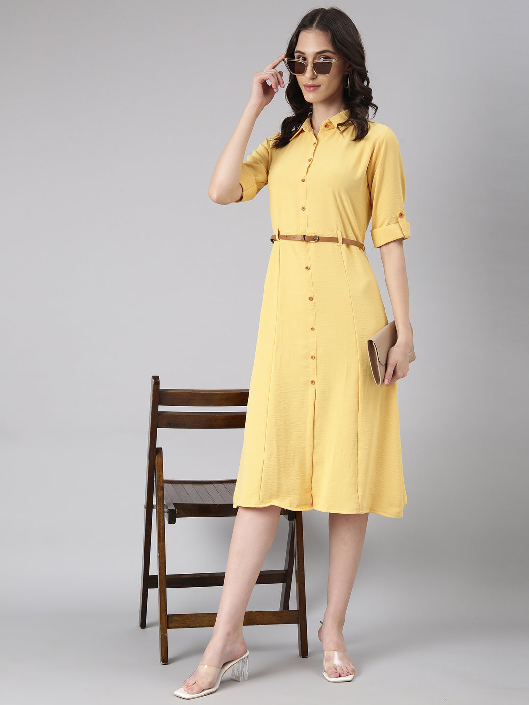 Women's Yellow Shirt Collar Roll-Up Sleeves Shirt Dress With Belted