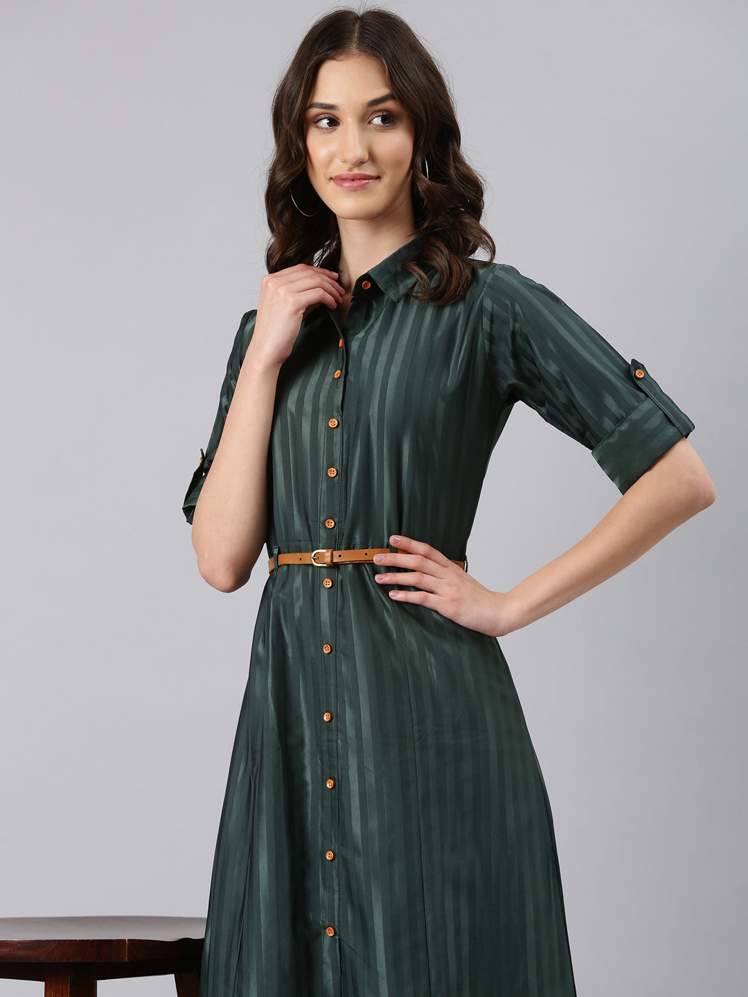 Women's Olive Striped Shirt Midi Dress