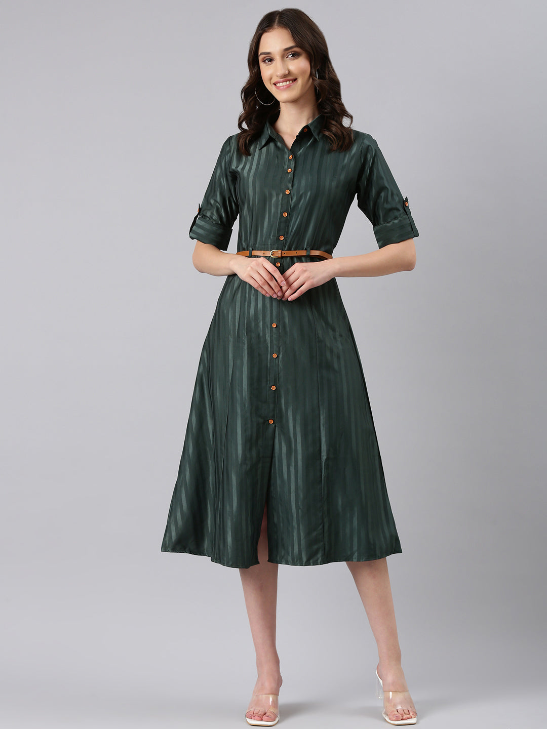 Women's Olive Striped Shirt Midi Dress