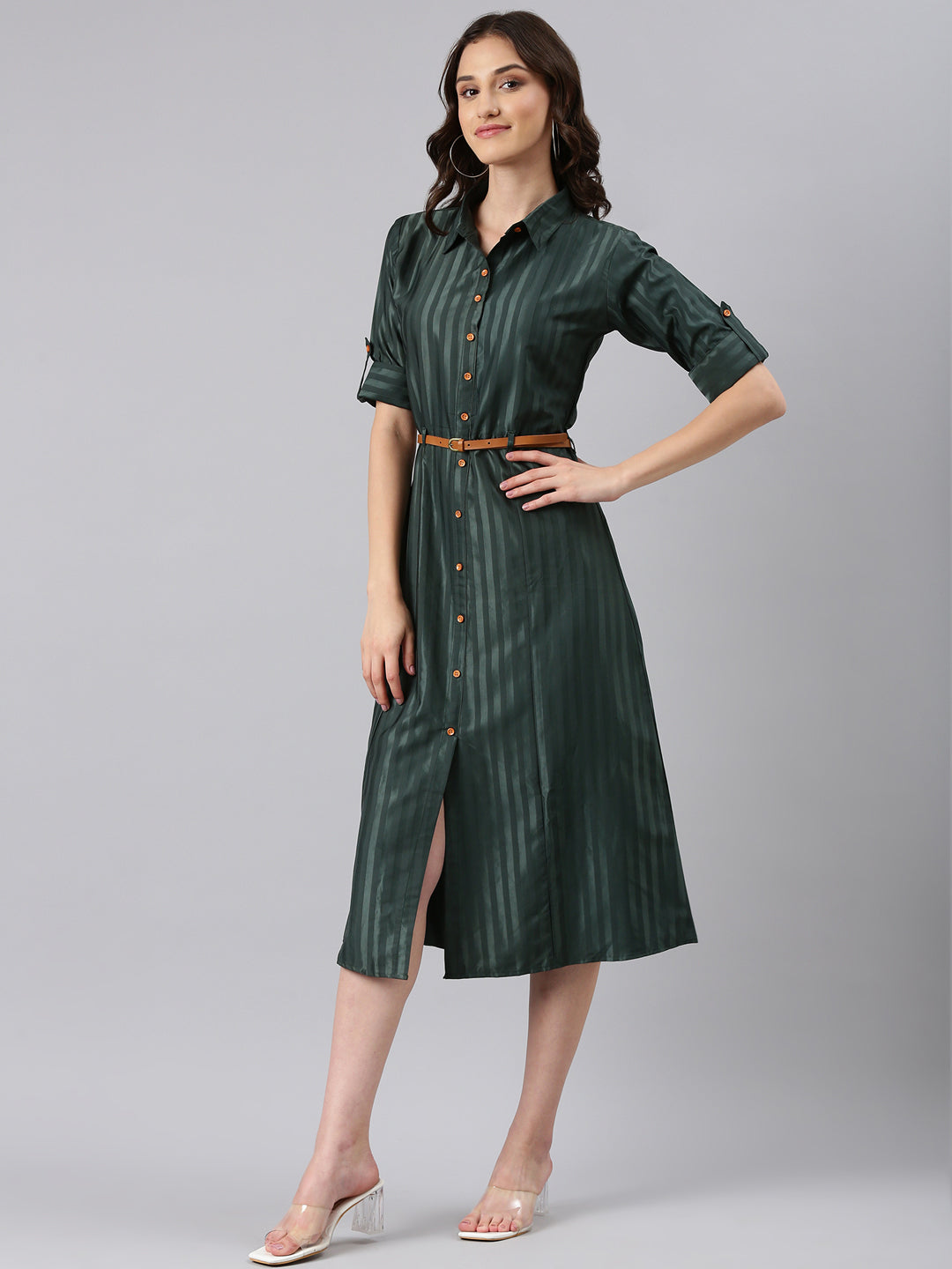 Women's Olive Striped Shirt Midi Dress