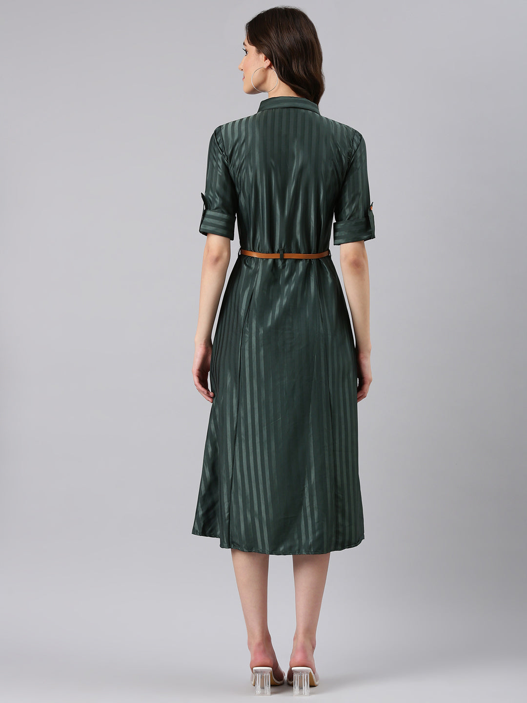 Women's Olive Striped Shirt Midi Dress