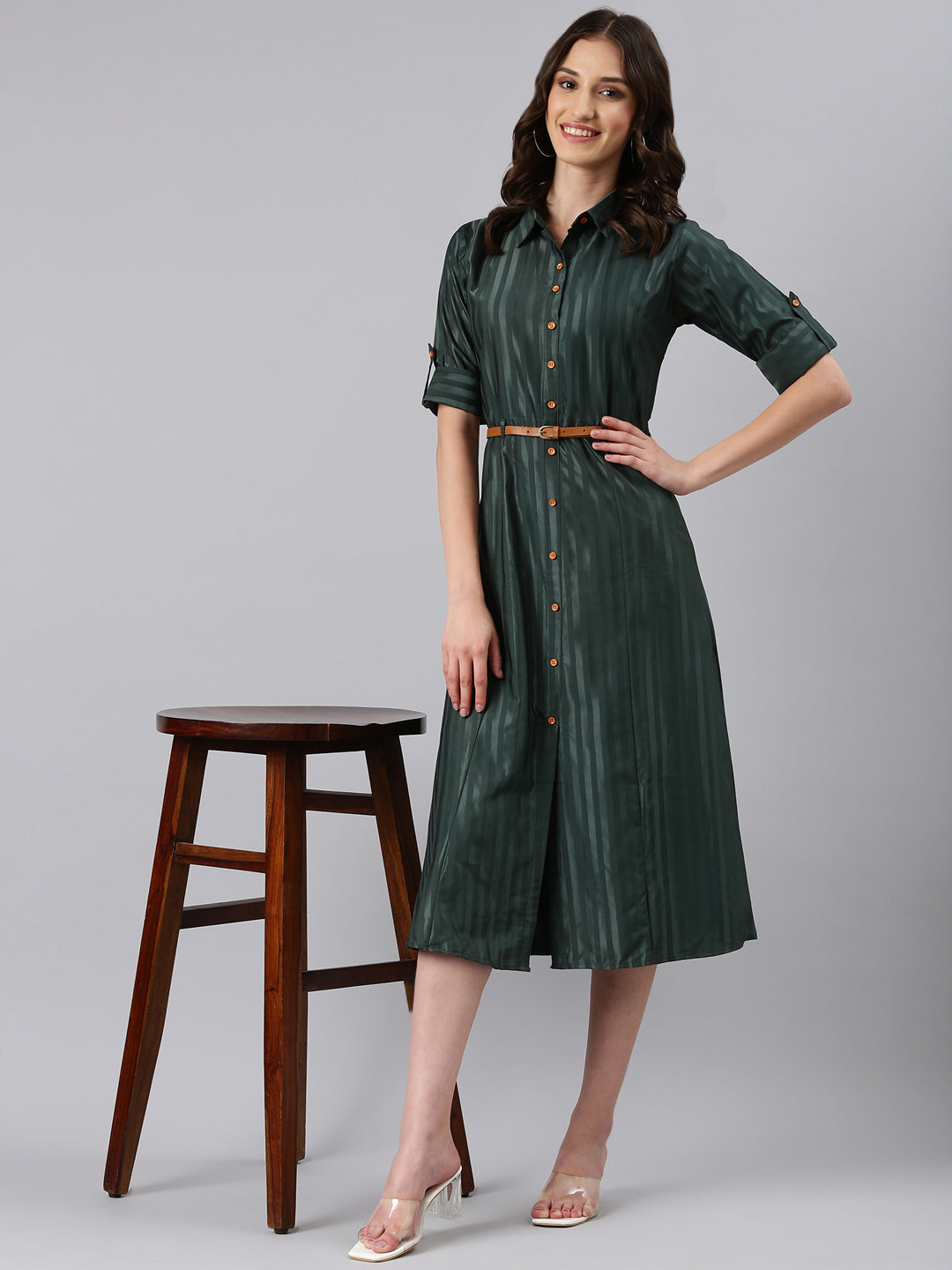 Women's Olive Striped Shirt Midi Dress