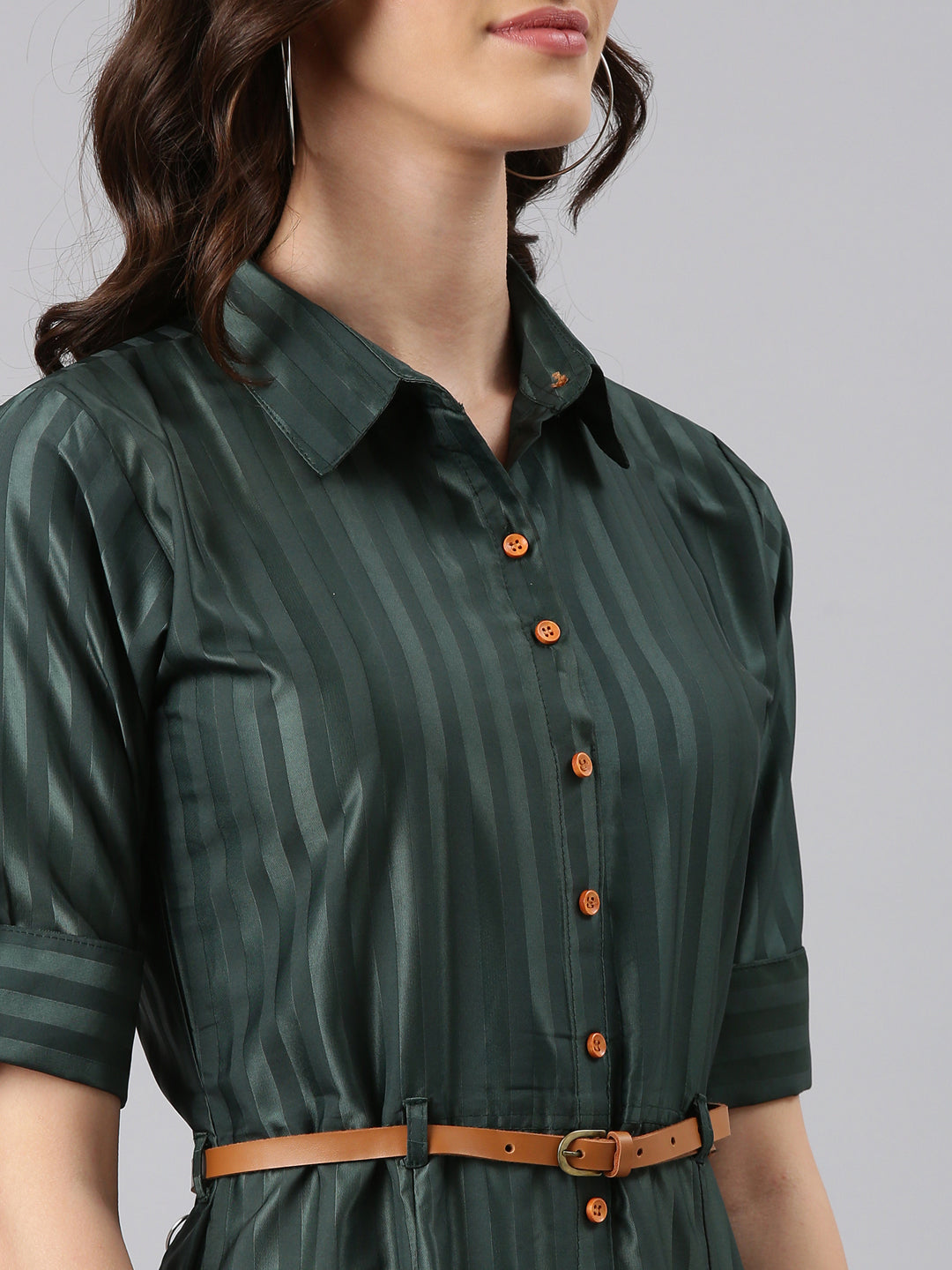 Women's Olive Striped Shirt Midi Dress