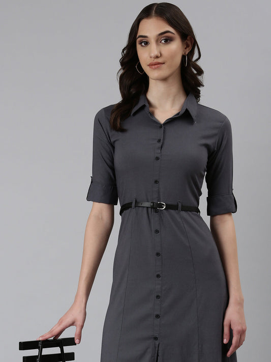 Women's Grey Shirt Collar Roll-Up Sleeves Cotton Shirt Style Dress