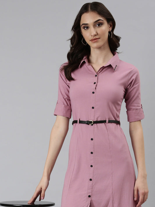Women's Pink Shirt Collar Belted Cotton A-Line Dress