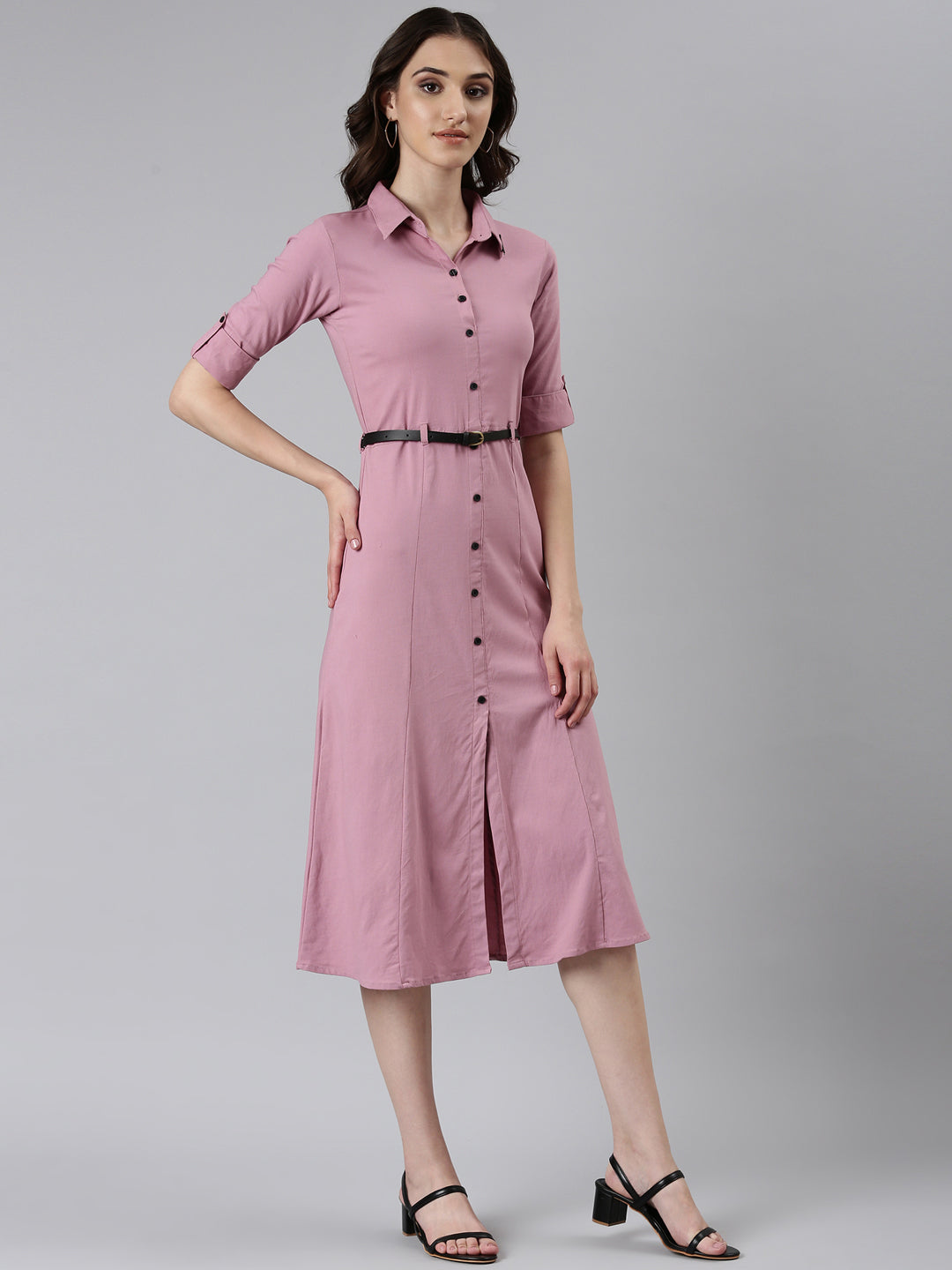 Women's Pink Shirt Collar Belted Cotton A-Line Dress