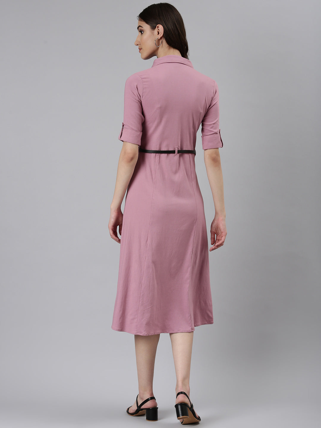 Women's Pink Shirt Collar Belted Cotton A-Line Dress