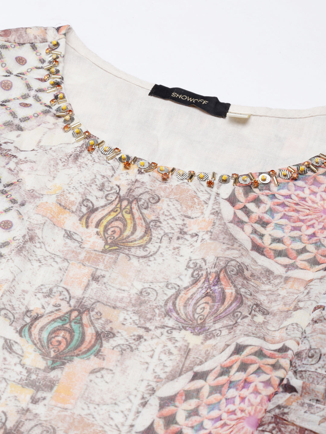 Women's Off White Floral Printed Puff Sleeves Gathered Fit & Flare Bohemian Midi Dress