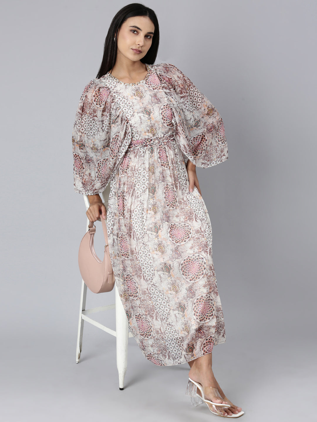 Women's Off White Floral Printed Puff Sleeves Gathered Fit & Flare Bohemian Midi Dress