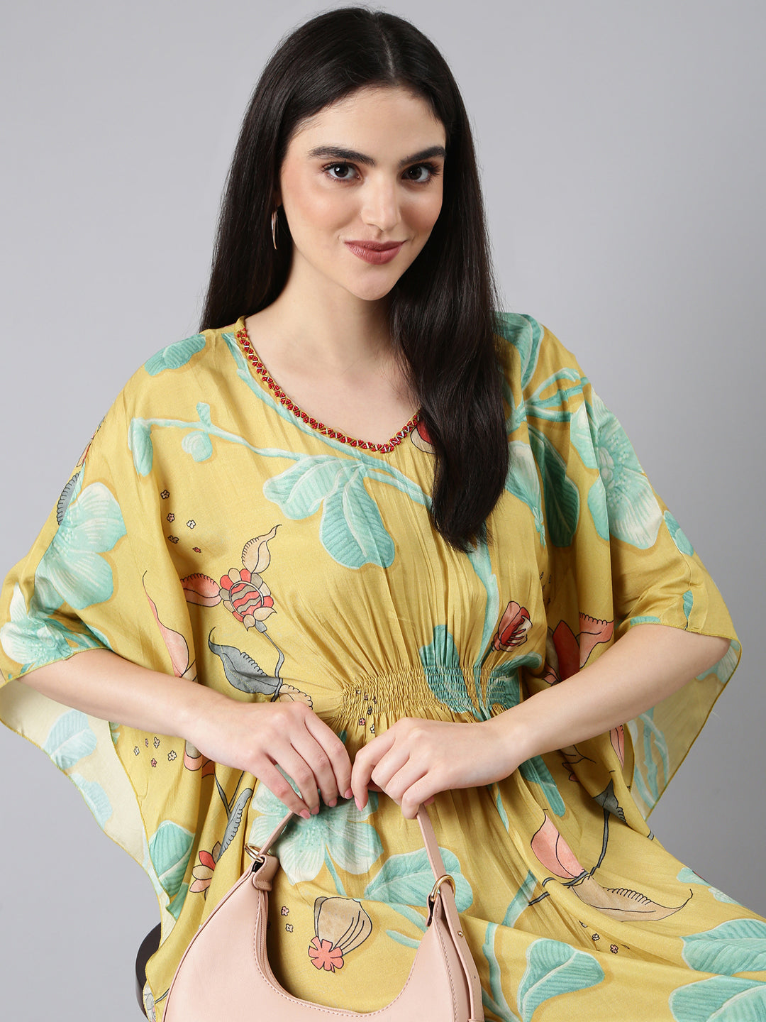 Women's Yellow Floral Kaftan Dress