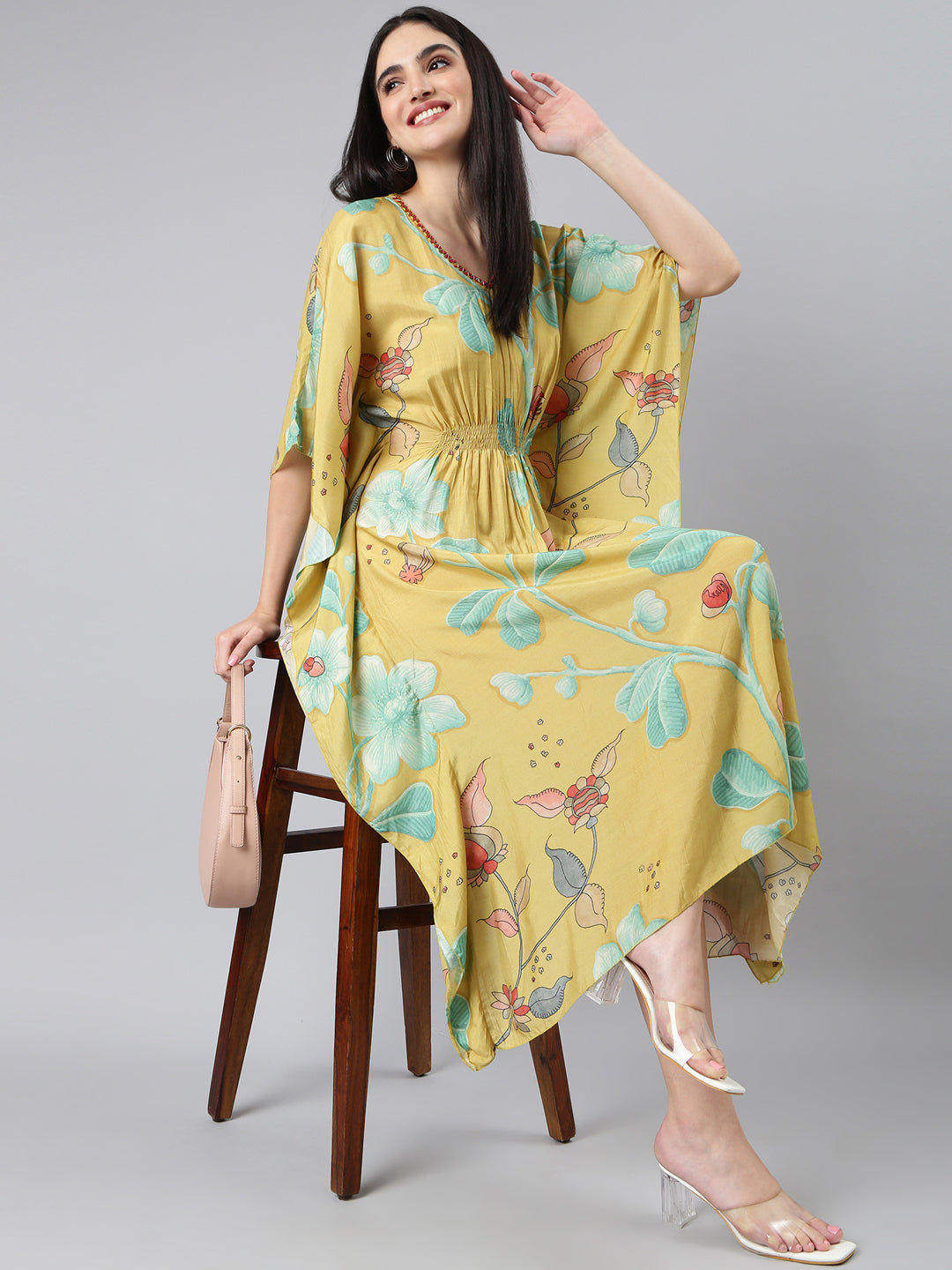 Women's Yellow Floral Kaftan Dress
