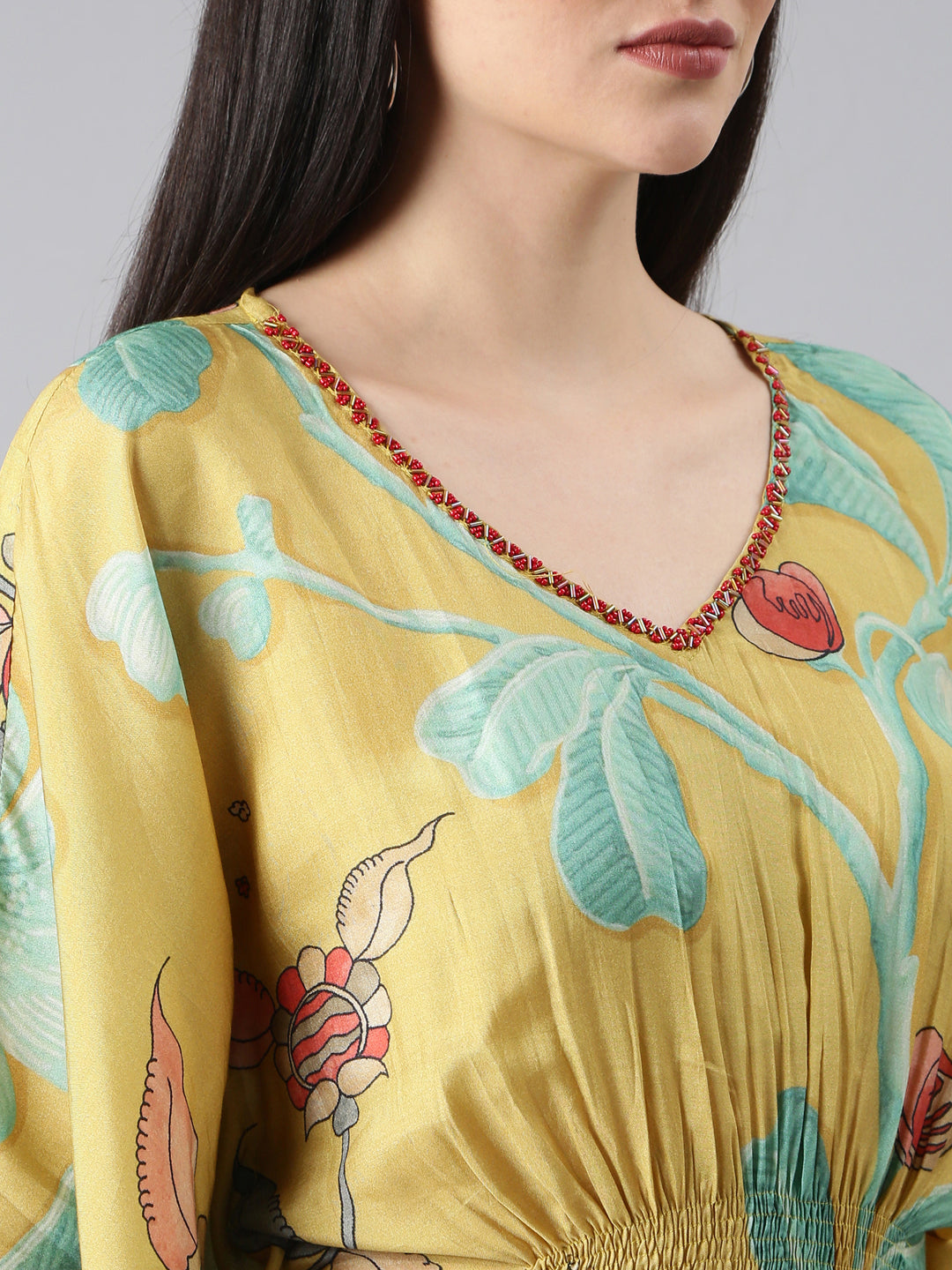 Women's Yellow Floral Kaftan Dress