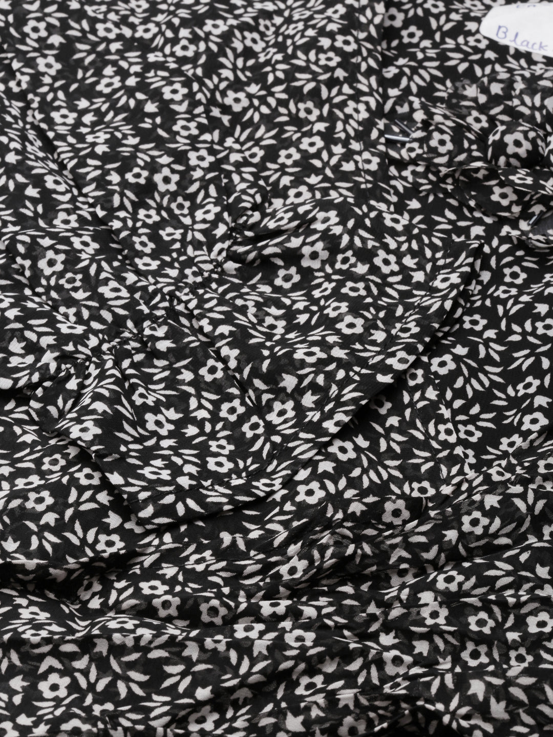 Women's Black Floral Printed Accordion Pleated Ruffled Georgette Fit & Flare Dress