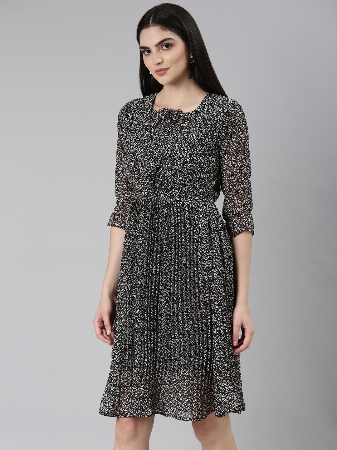 Women's Black Floral Printed Accordion Pleated Ruffled Georgette Fit & Flare Dress