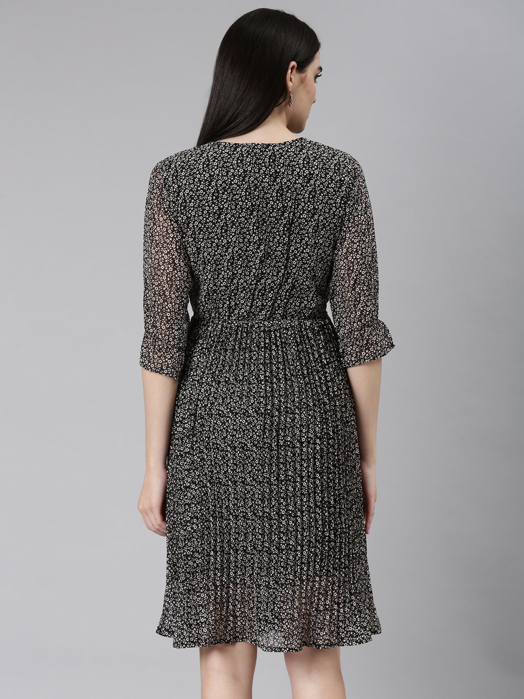 Women's Black Floral Printed Accordion Pleated Ruffled Georgette Fit & Flare Dress