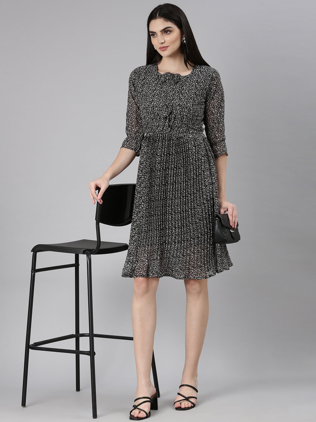 Women's Black Floral Printed Accordion Pleated Ruffled Georgette Fit & Flare Dress