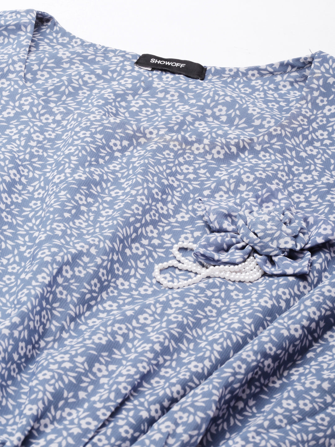 Women's Blue Floral Printed Puff Sleeves Accordion Pleated Georgette Fit & Flare Dress