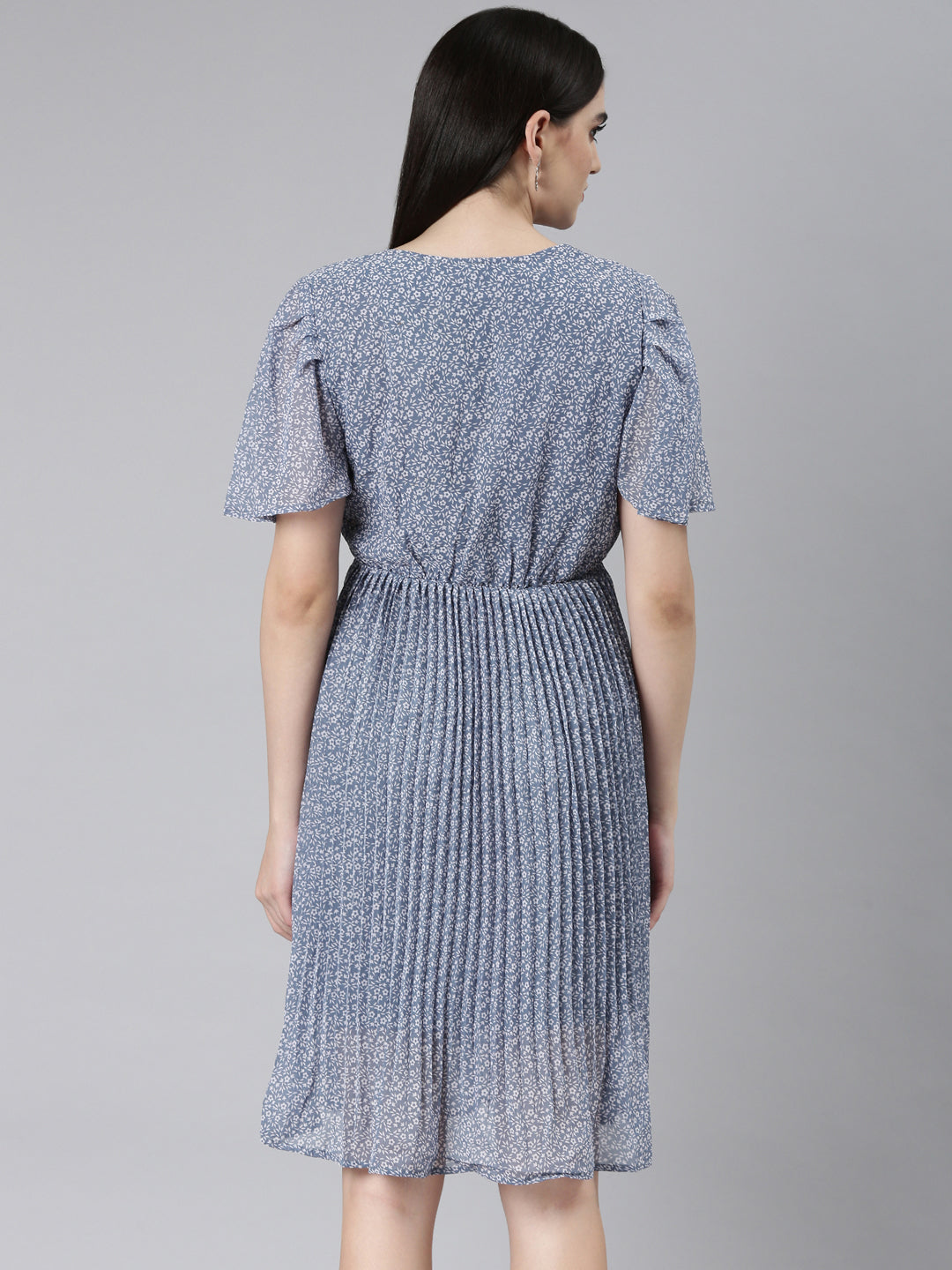 Women's Blue Floral Printed Puff Sleeves Accordion Pleated Georgette Fit & Flare Dress