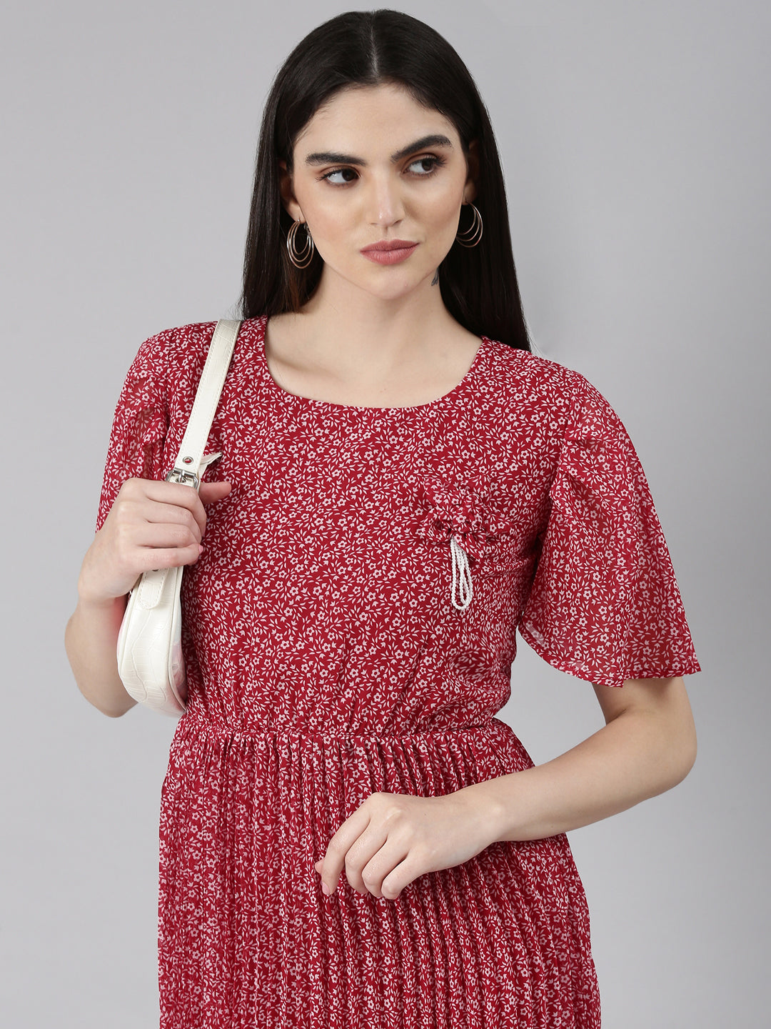 Women's Maroon Floral Printed Flared Sleeves Georgette Fit & Flare Dress