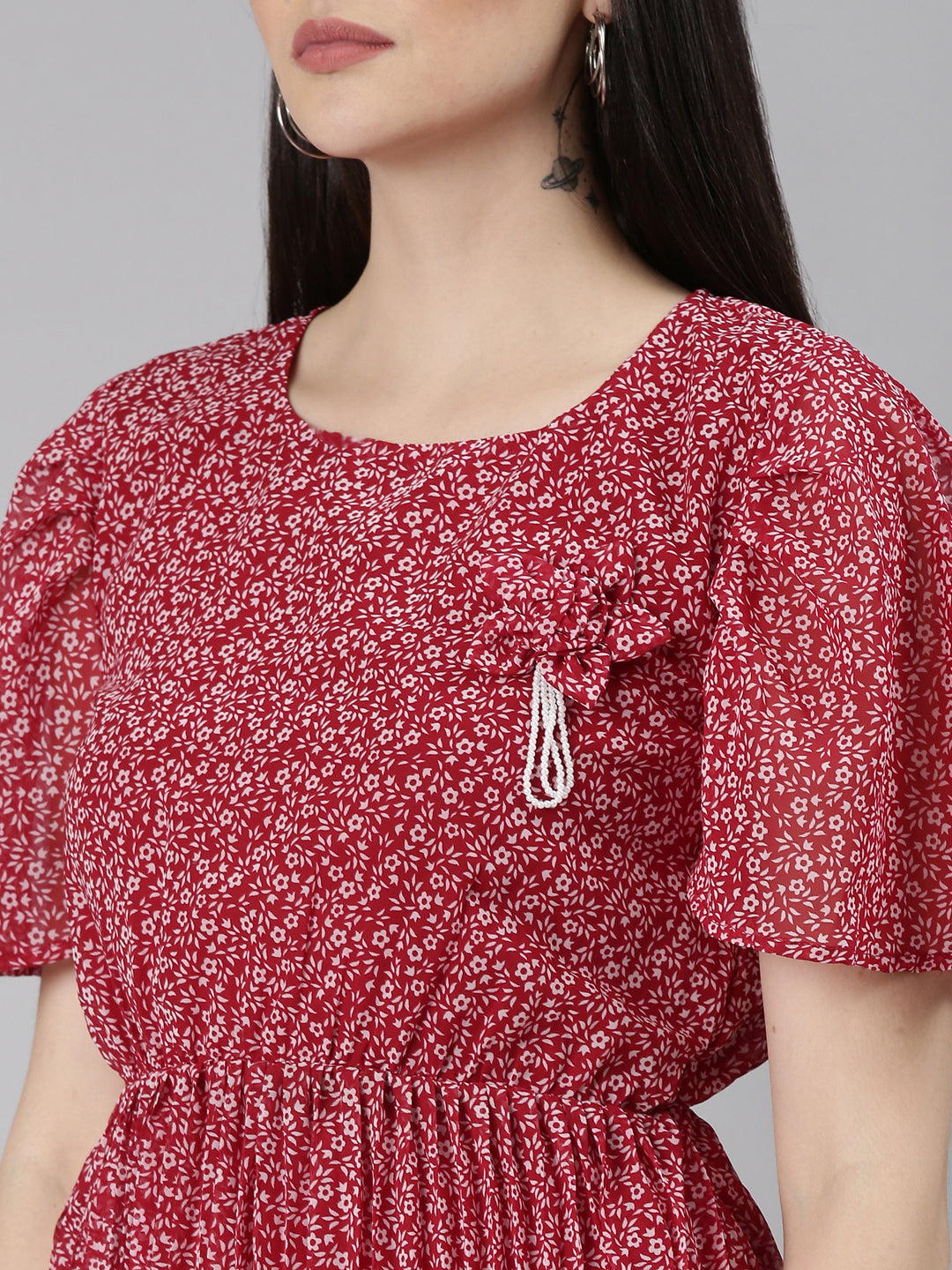 Women's Maroon Floral Printed Flared Sleeves Georgette Fit & Flare Dress