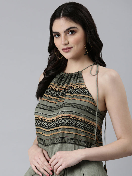 Women's Green Tribal Printed Halter Neck Pleated Fit & Flare Dress