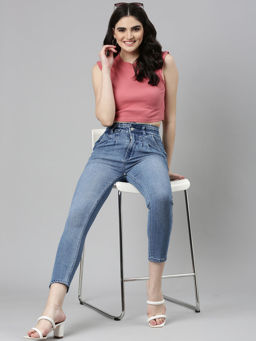 Women's Blue Mid Rise Slim Fit Light Fade Denim Jeans