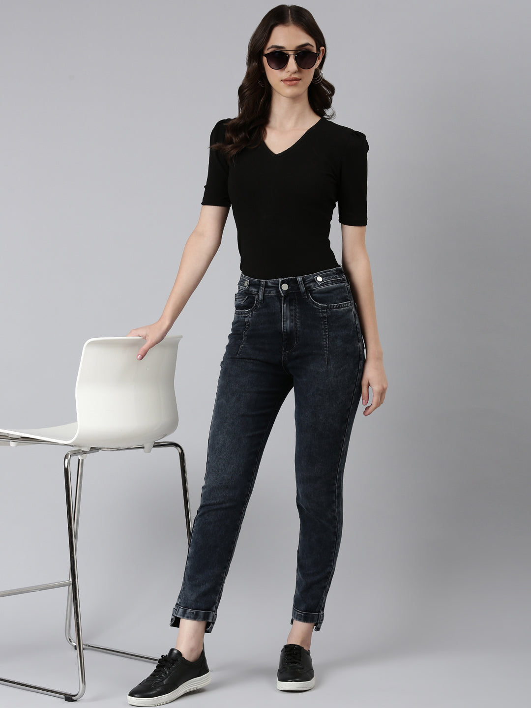 Women's Grey Jean Slim Fit Acid Wash High-Rise Denim Jeans