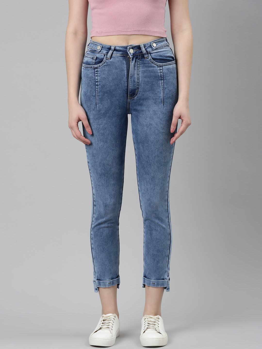 Women's Blue Mid Rise Slim Fit Cuffed Hem Denim Jeans